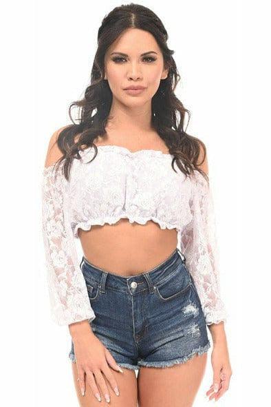 White Lined Lace Long Sleeve Peasant Top - AMIClubwear
