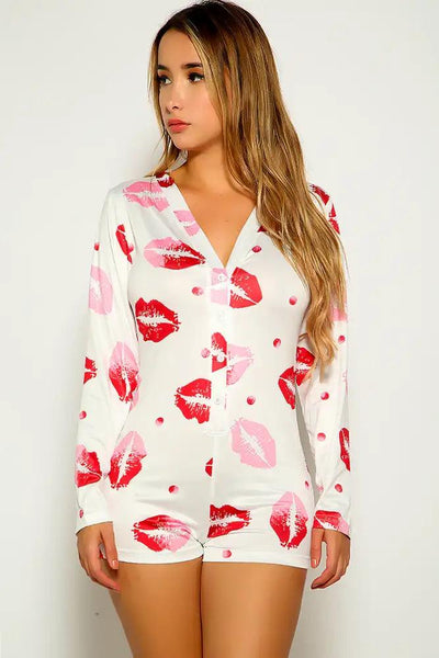 White Lip Print Button Up Romper - AMIClubwear