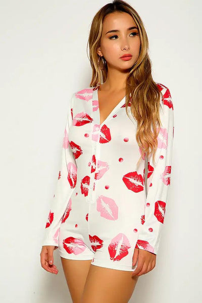 White Lip Print Button Up Romper - AMIClubwear