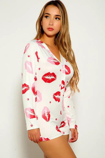 White Lip Print Button Up Romper - AMIClubwear