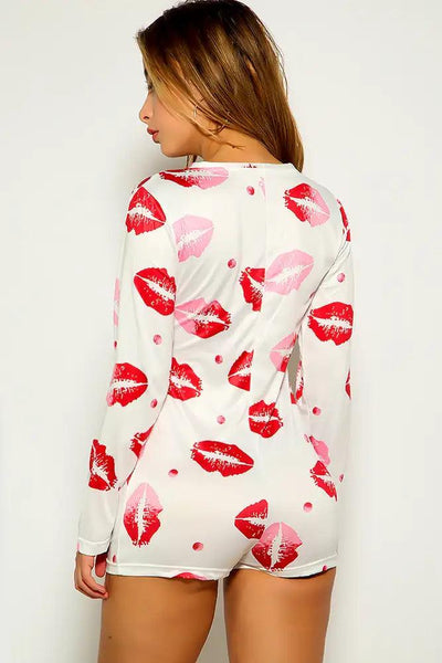 White Lip Print Button Up Romper - AMIClubwear