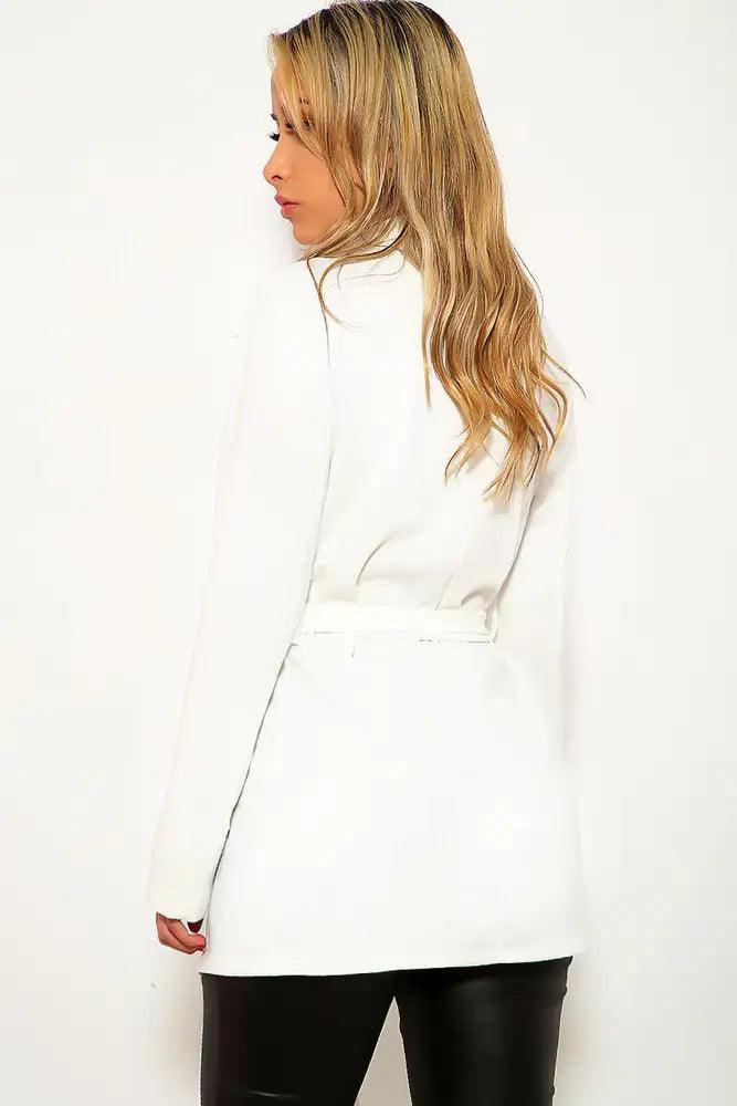 White Long Sleeve Belted Blazer - AMIClubwear