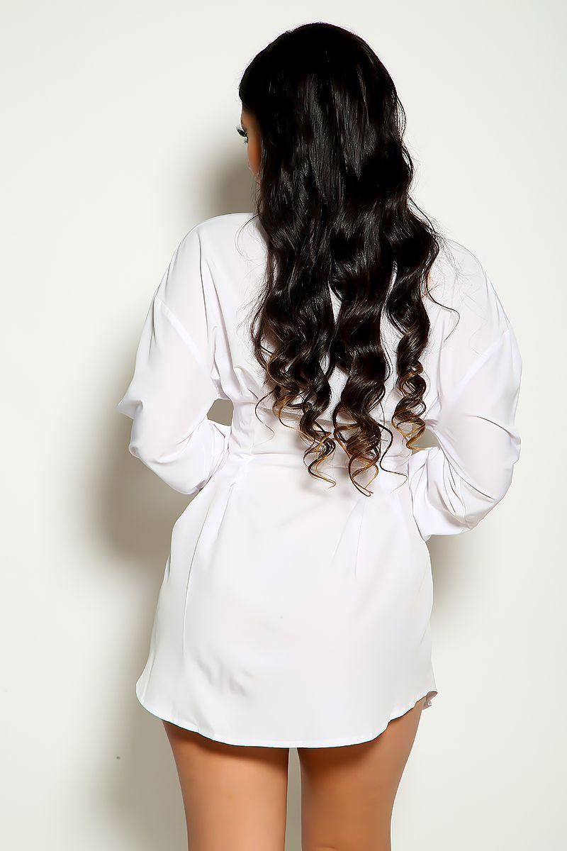 White Long Sleeve Button Up Cinched Waist Shirt Dress - AMIClubwear