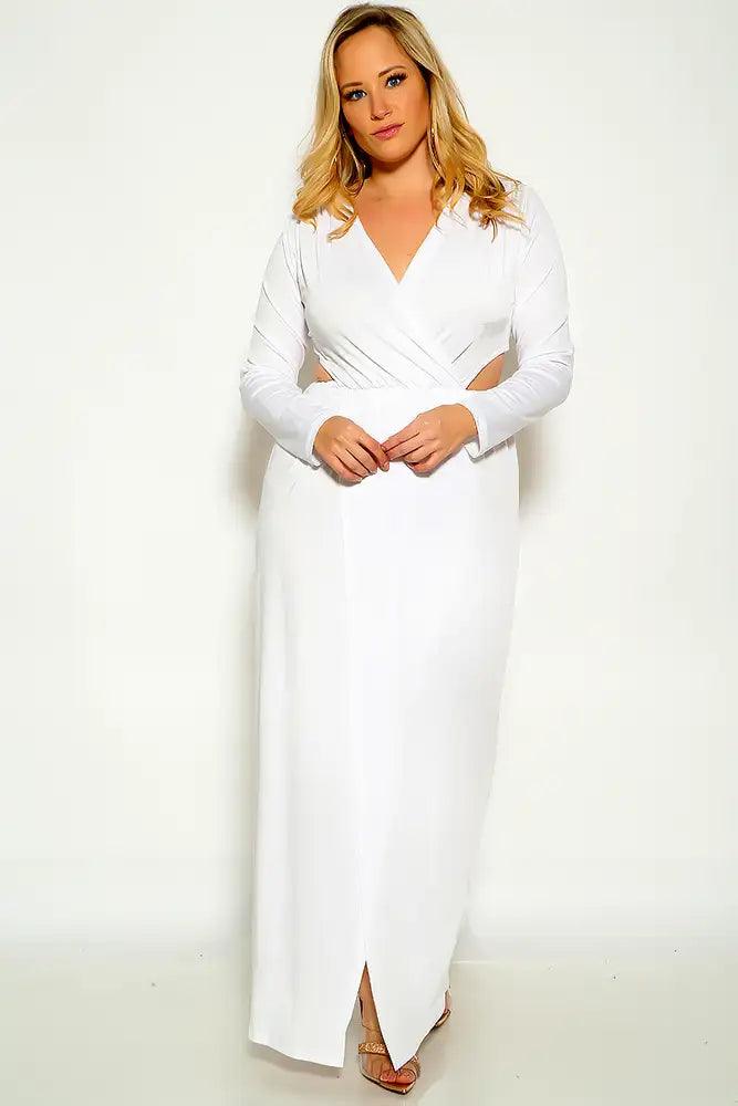 White Long Sleeve Cut Out Side slit Maxi Plus Size Dress - AMIClubwear