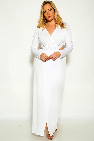 White Long Sleeve Cut Out Side slit Maxi Plus Size Dress - AMIClubwear