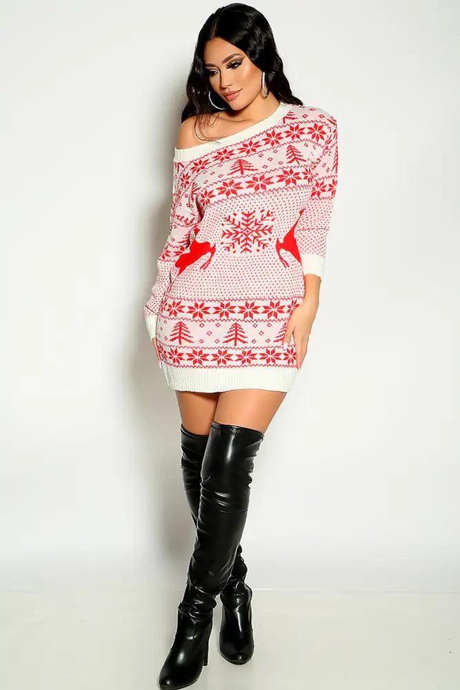 White Long Sleeve Knitted Winter Holiday Print Sweater Dress - AMIClubwear