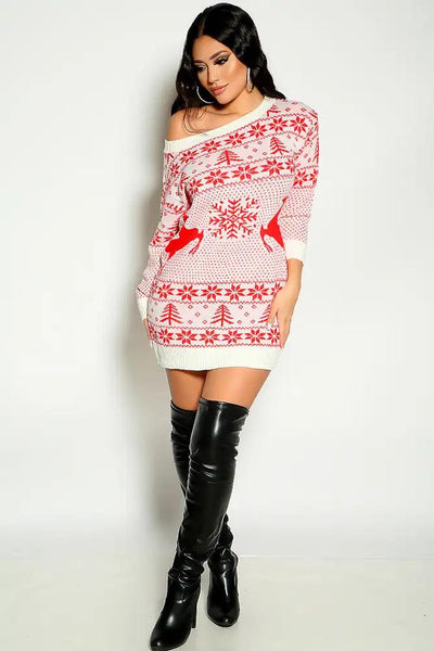 White Long Sleeve Knitted Winter Holiday Print Sweater Dress - AMIClubwear