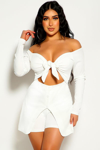 White Long Sleeve Knot Detail Off The Shoulder Romper - AMIClubwear