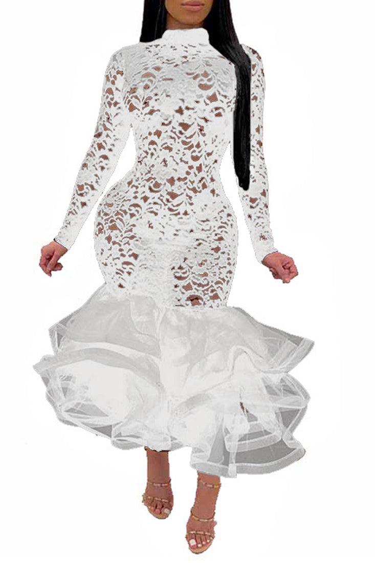 White Long Sleeve Lace See Through Ruffled Tutu Hem Party Dress - AMIClubwear