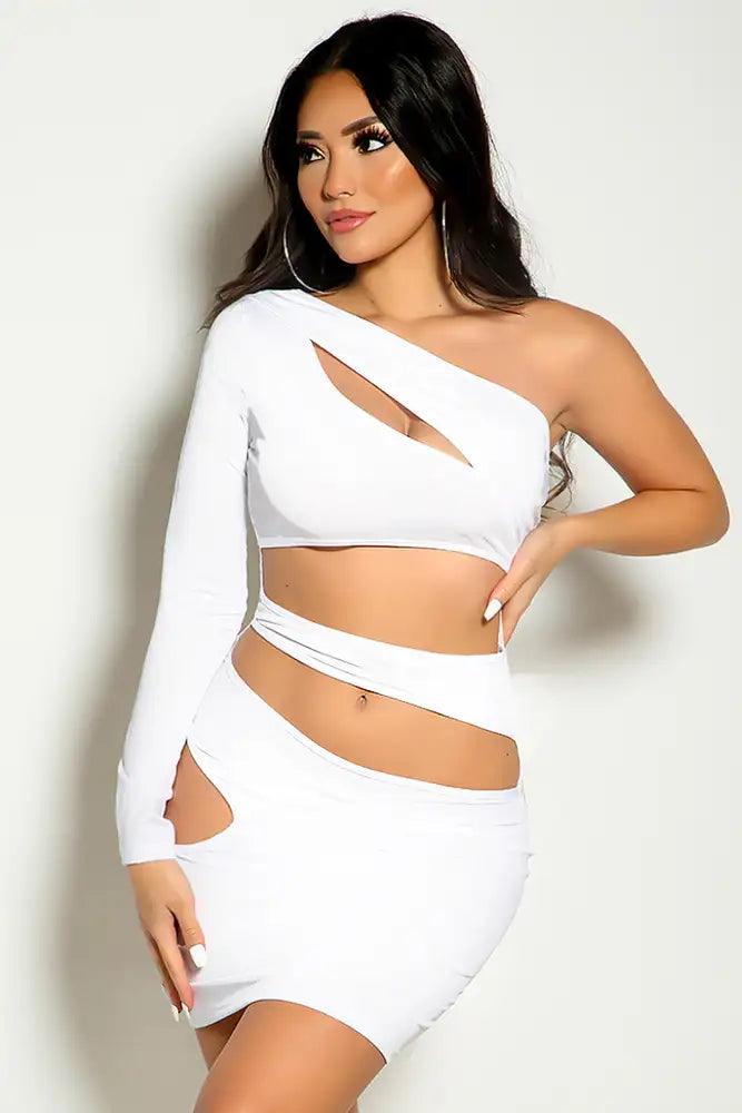 White Long Sleeve One Shoulder Cut Out Party Dress - AMIClubwear