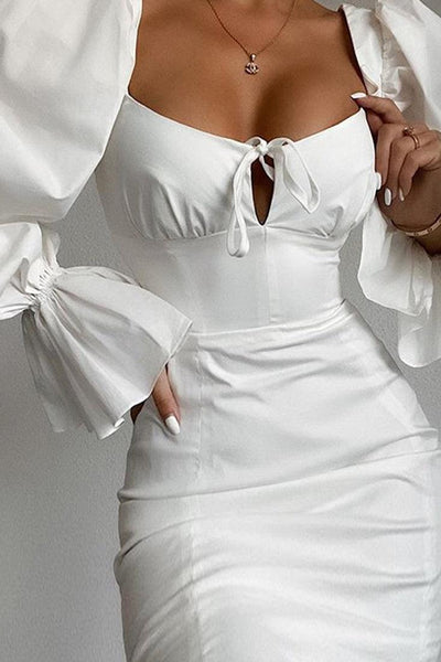 White Long Sleeve Puff Sleeve Party Dress - AMIClubwear