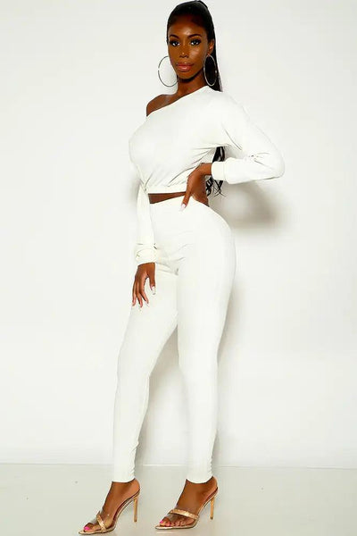 White Long Sleeve Ribbed Two Piece Outfit - AMIClubwear