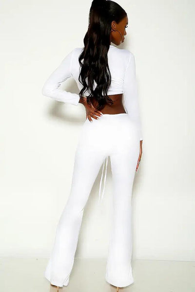White Long Sleeve Ruched Two Piece Outfit - AMIClubwear