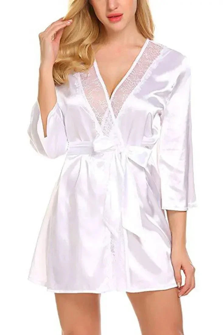 White Long Sleeve Satin Lace Trim Belted Robe – AMIClubwear