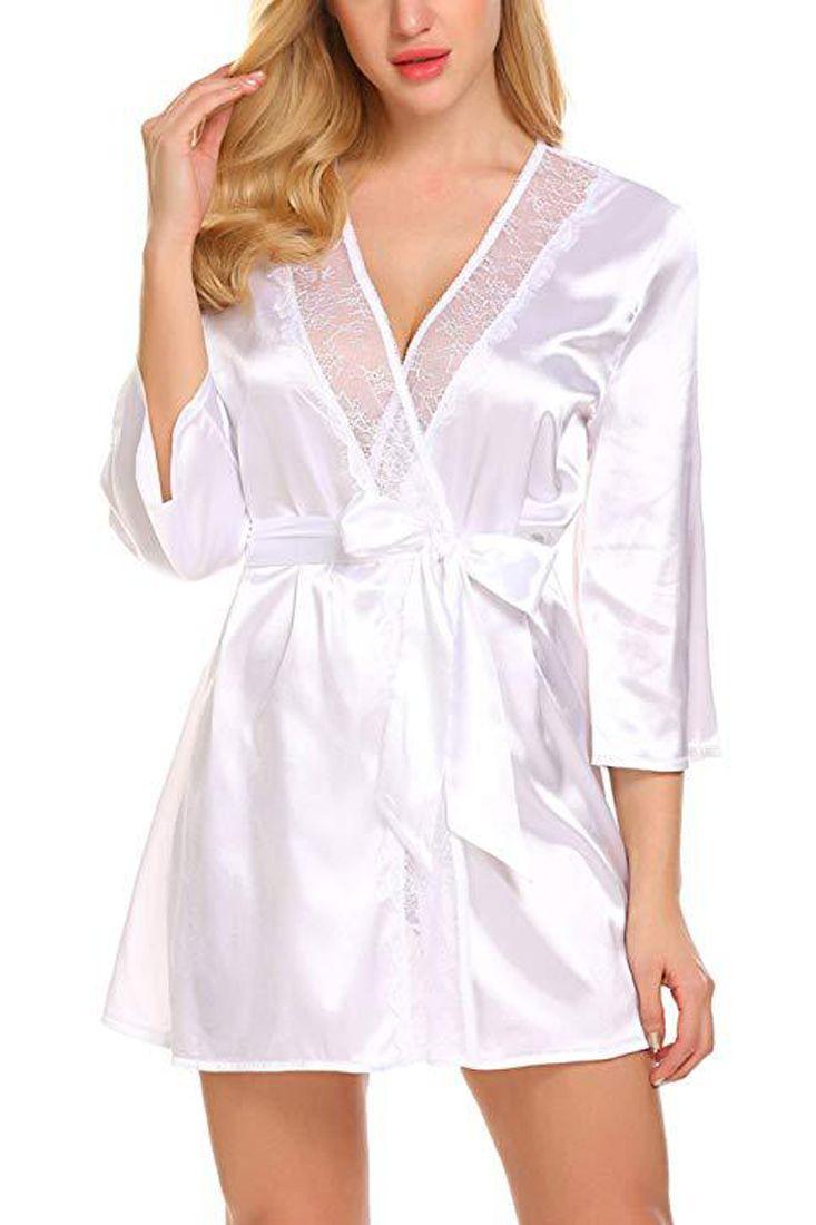 White Long Sleeve Satin Lace Trim Belted Robe - AMIClubwear