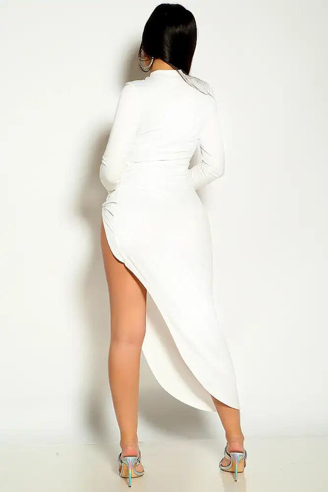 White Long Sleeve Side Cut Out High Slit Party Dress - AMIClubwear