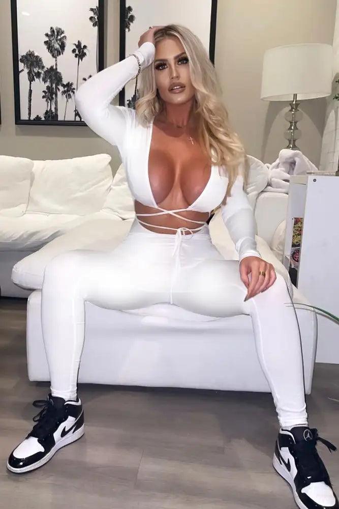 White Long Sleeve Strappy Wrap Around Fitted Jumpsuit - AMIClubwear