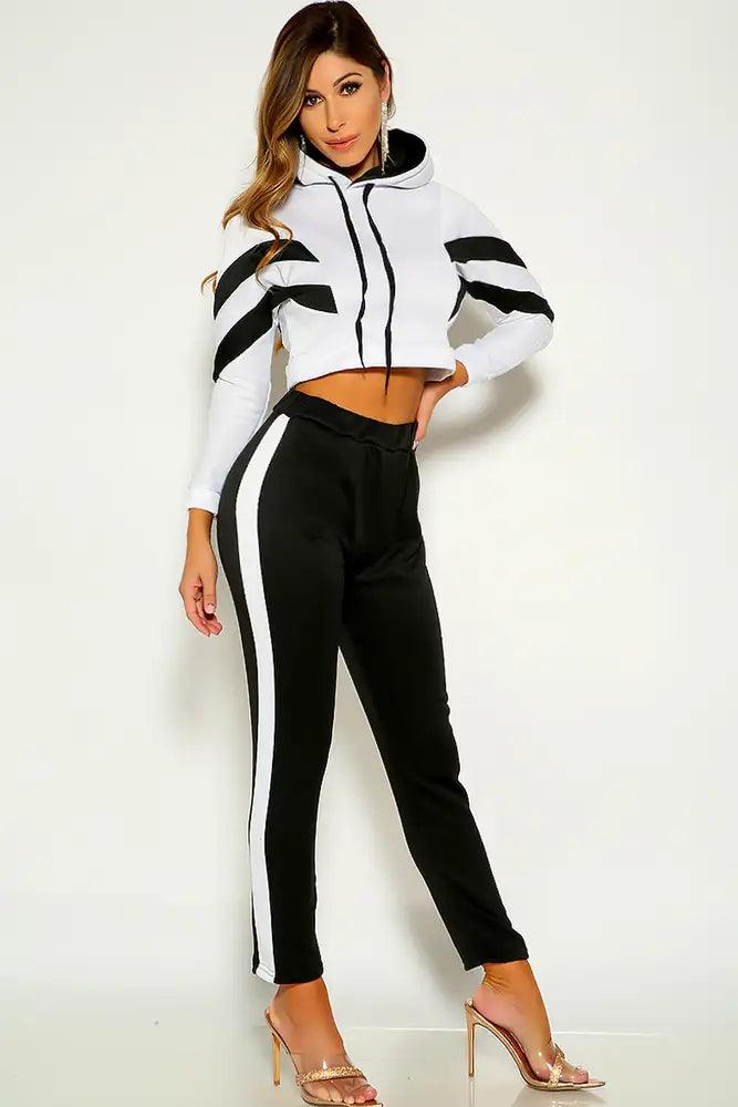 White Long Sleeve Two Tone Hooded Two Piece Outfit - AMIClubwear