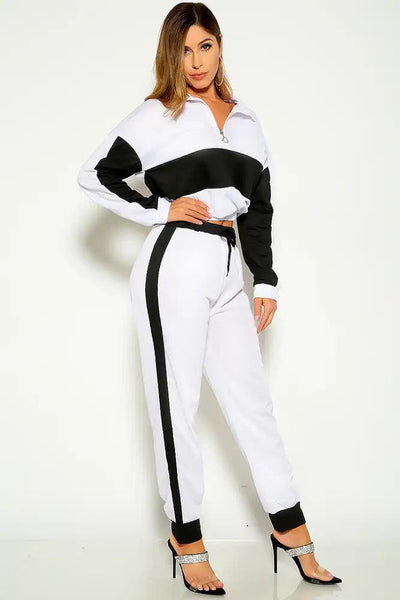 White Long Sleeve Zipper Two Piece Lounge Outfit - AMIClubwear