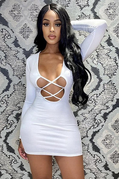 White Long Sleeves Caged Party Dress - AMIClubwear