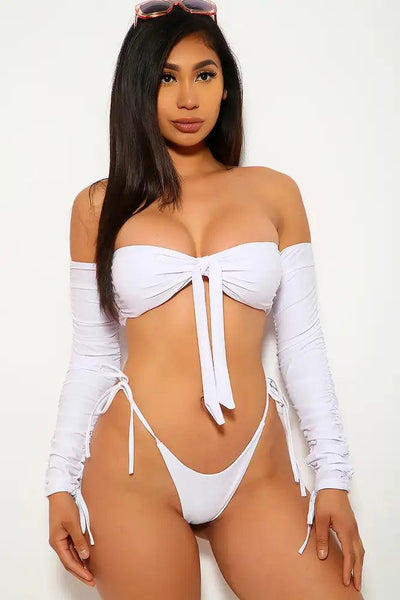 White Long Sleeves Ruched Two Piece Swimsuit - AMIClubwear