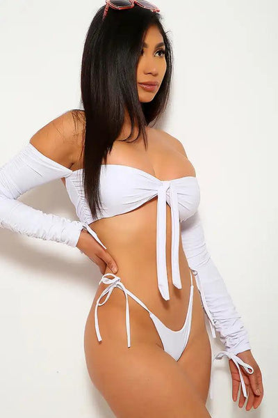 White Long Sleeves Ruched Two Piece Swimsuit - AMIClubwear