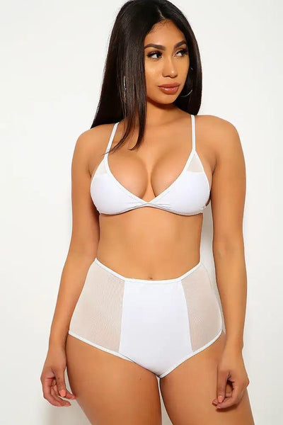 White Mesh Cut Outs Sexy Two Piece Swimsuit - AMIClubwear