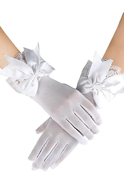 White Mesh Lace Bow Detail Gloves - AMIClubwear
