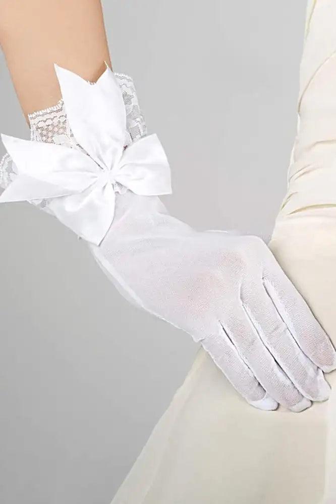 White Mesh Lace Bow Detail Gloves - AMIClubwear