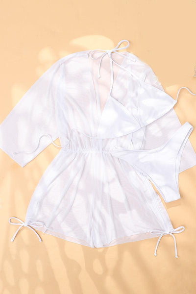 White Mesh Long Sleeve Three Piece Swimsuit - AMIClubwear