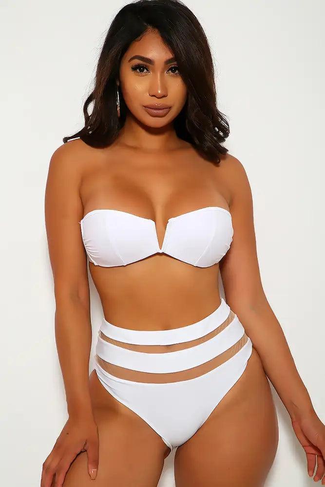 White Mesh V Underwire Two Piece Swimsuit - AMIClubwear