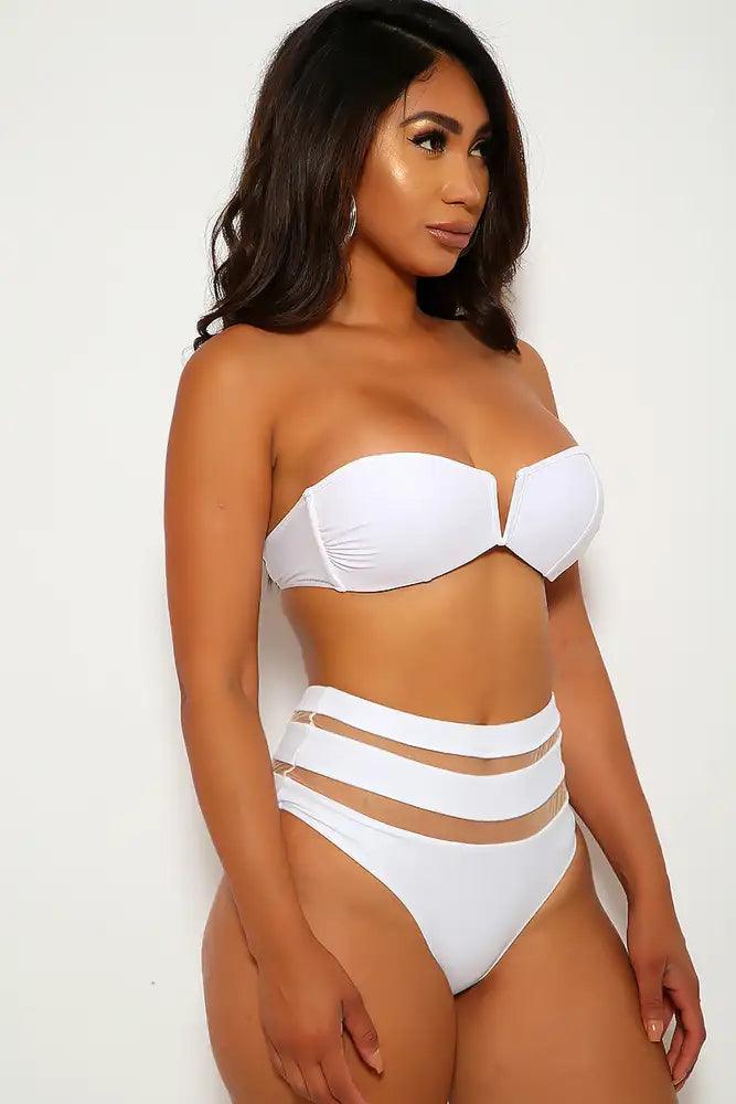 White Mesh V Underwire Two Piece Swimsuit - AMIClubwear