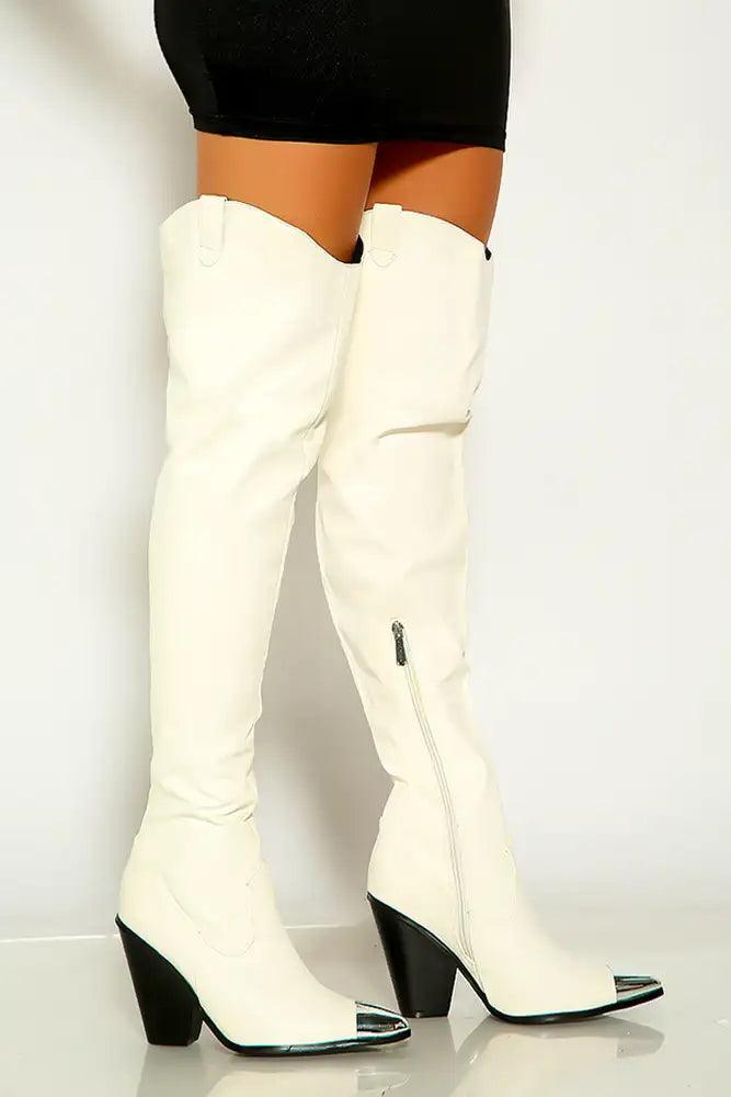 White Metallic Pointy Toe Cow Girl Boots - AMIClubwear