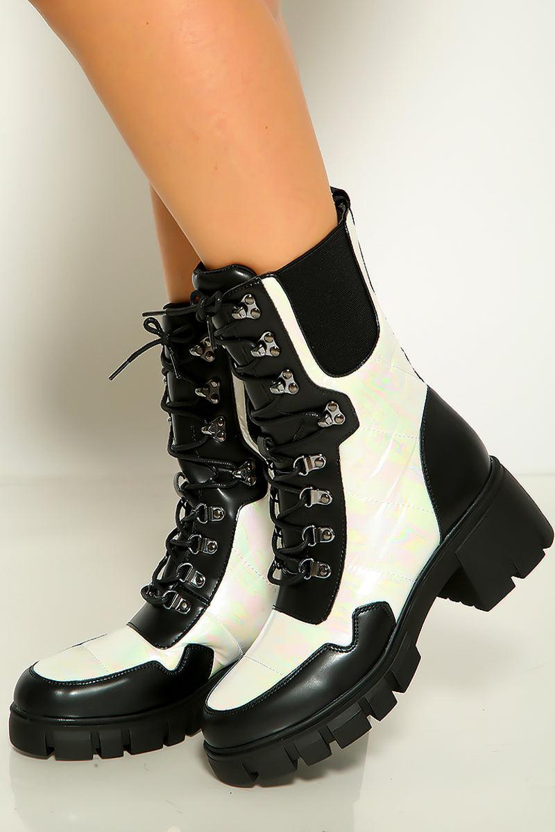 White Metallic Quilted Lace Up Combat Ankle Boots - AMIClubwear