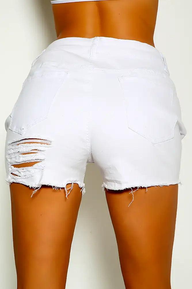 White Mid Rise Distressed Denim Shorts - AMIClubwear
