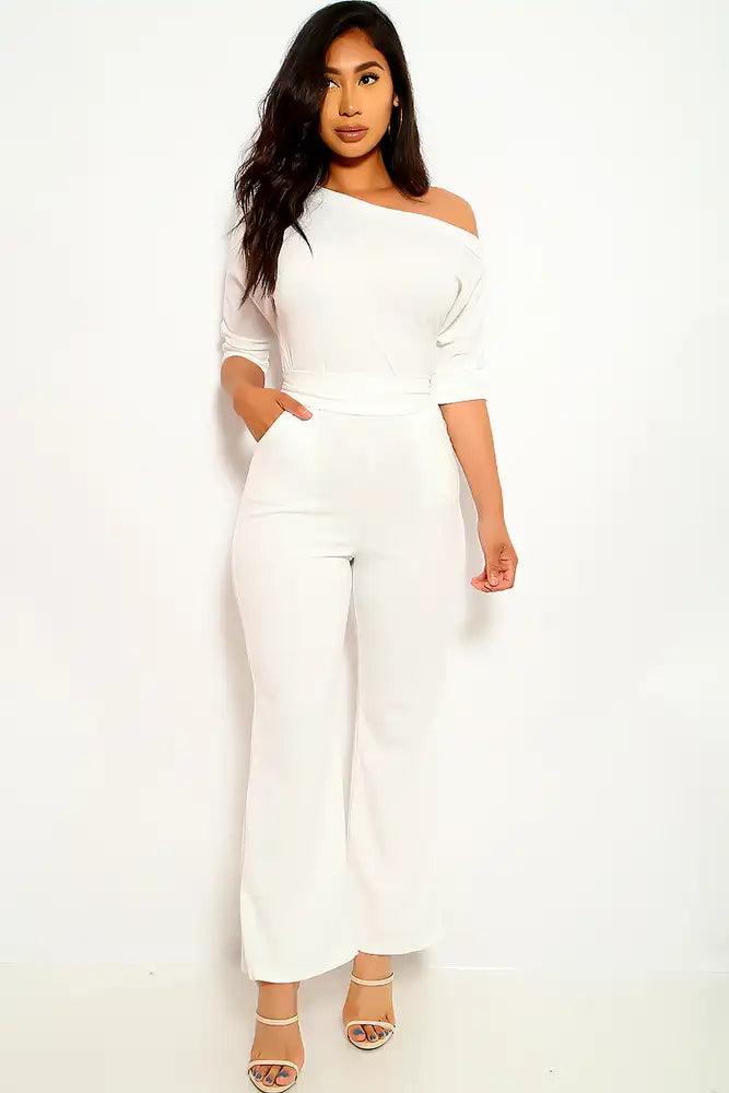 White Mid Sleeve Flared Plus Size Jumpsuit - AMIClubwear