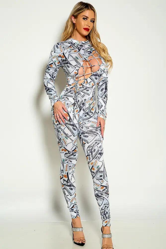 White Money Print Long Sleeve Lace Up Fitted Jumpsuit - AMIClubwear