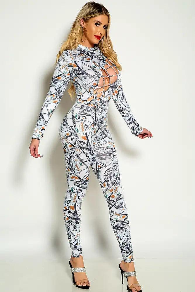 White Money Print Long Sleeve Lace Up Fitted Jumpsuit - AMIClubwear