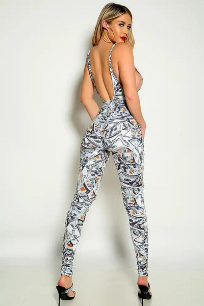 White Money Print Side Low Cut Two Piece Outfit - AMIClubwear