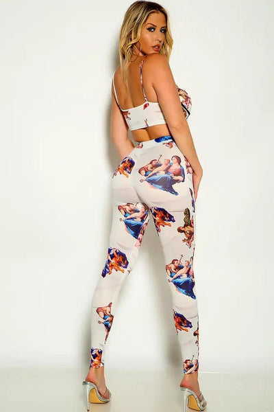 White Multi Angel Print Sleeveless Cropped Zip Up Two Piece Outfit - AMIClubwear