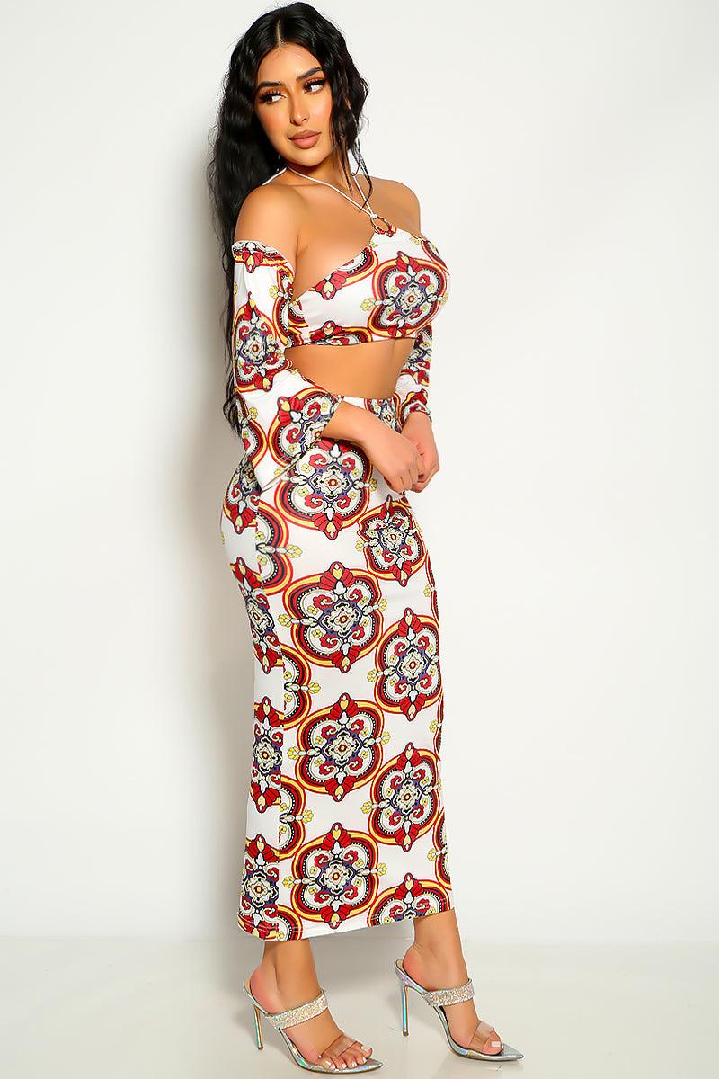 White Multi Graphic Print Two Piece Party Dress - AMIClubwear