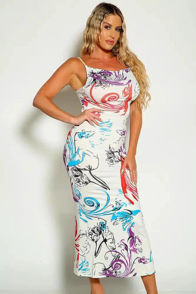 White Multi Pearl Sleeveless Detail Two Tone Midi Dress