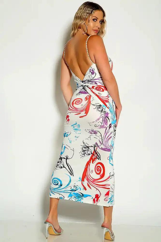 White Multi Pearl Sleeveless Detail Two Tone Midi Dress