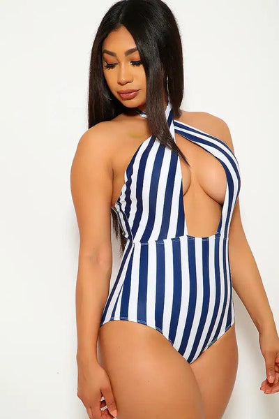 White Navy Striped Plunging Neckline One Piece Swimsuit - AMIClubwear