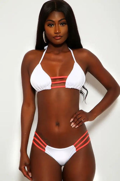 White Neon Coral Strappy Two Piece Swimsuit - AMIClubwear