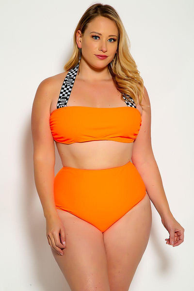 White Neon Orange Love Print Halter Bandeau High Waist Plus Size Swimsuit - AMIClubwear