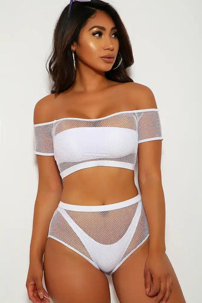 White Netted Bandeau Four Piece Swimsuit Set - AMIClubwear