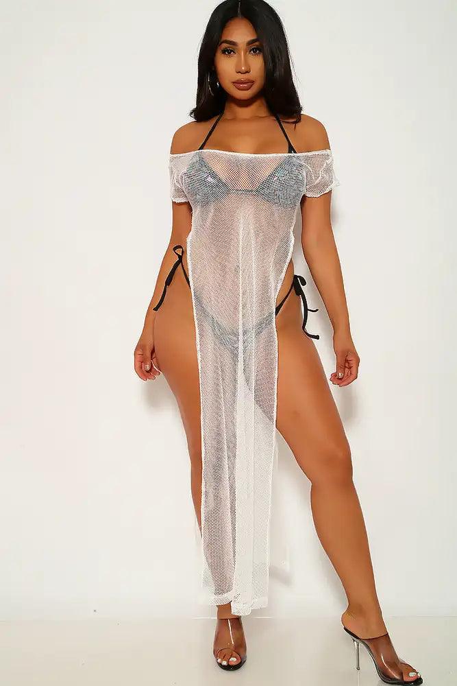 White Netted High Slit Swimsuit Cover Up - AMIClubwear