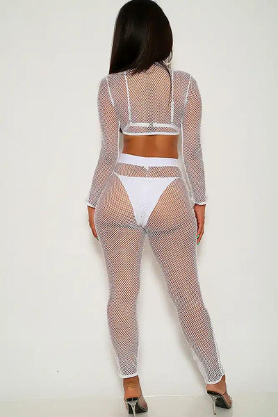 White Netted Lace Up Cheeky Four Piece Swimsuit Set - AMIClubwear