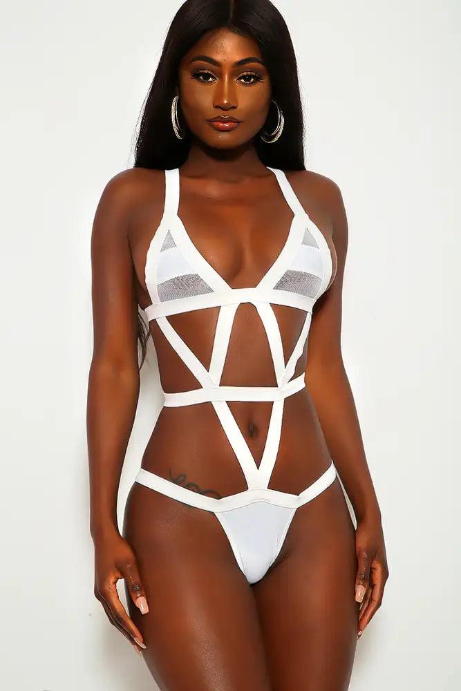 White Netted Mesh Caged Detail Sexy Monokini - AMIClubwear